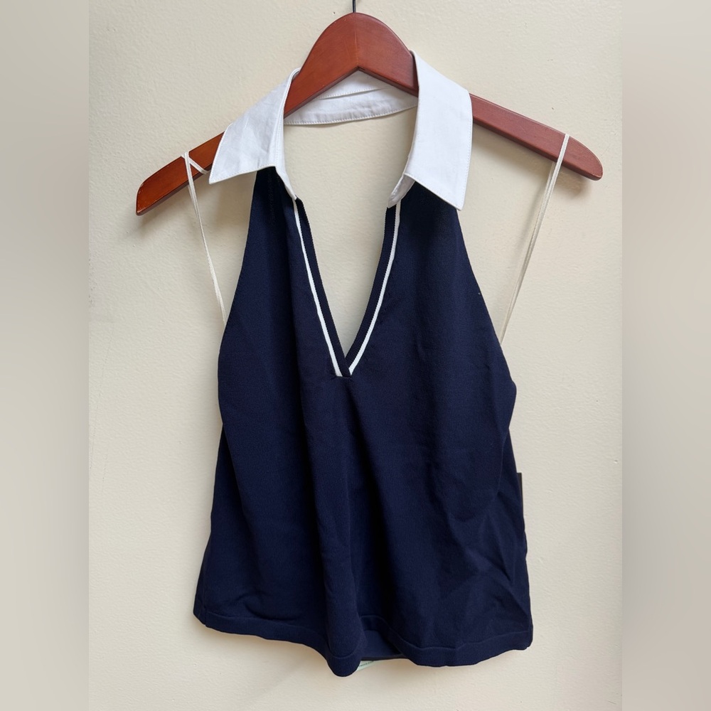 NWT Tuckernuck Navy Halter Polo Tank with White Collar